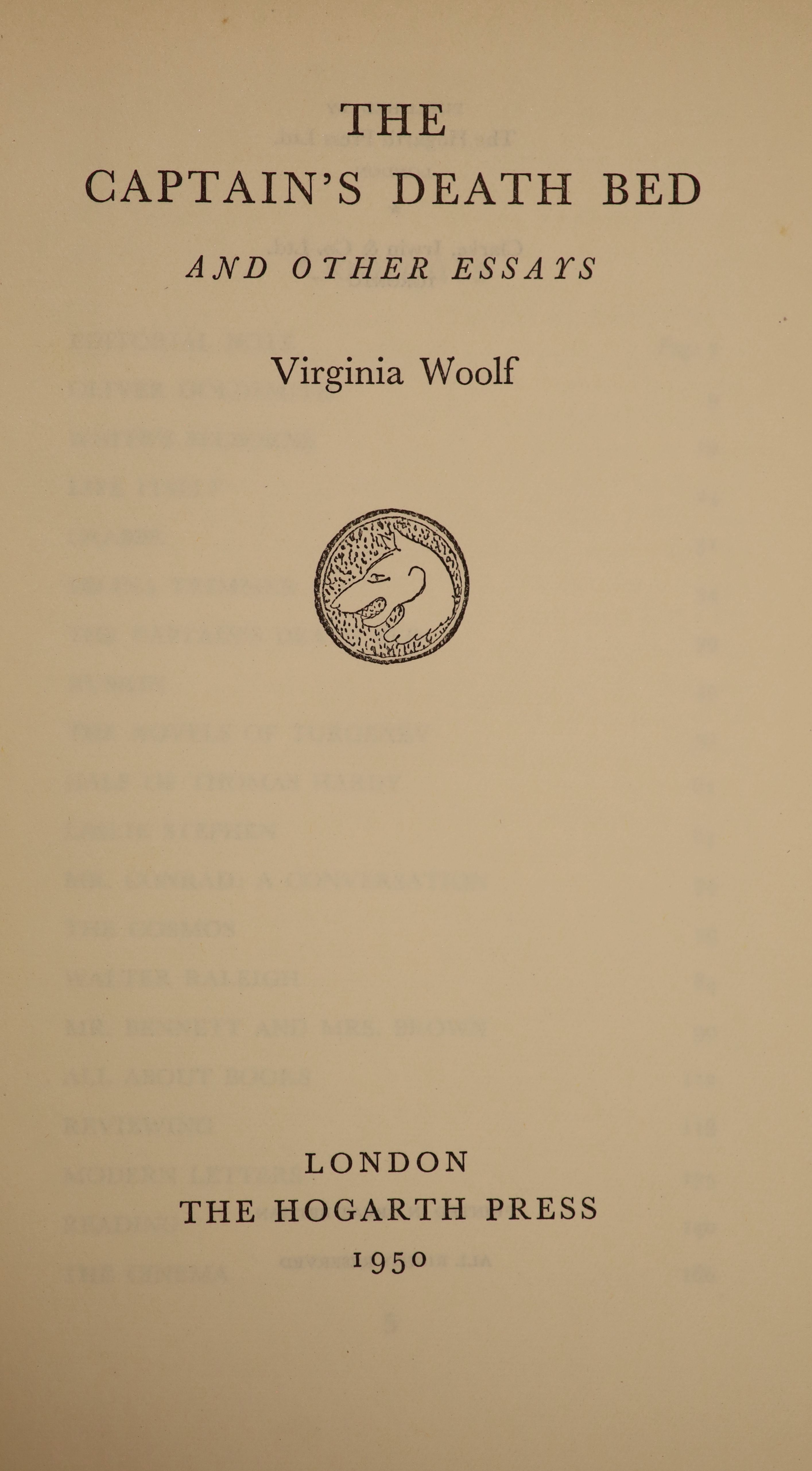 Woolf, Virginia - 3 works - The Captain's Death Bed and other Essays, 1st edition, original cloth in d/j designed by Vanessa Bell, spine darkened Hogarth Press, London, 1950; The Death of a Moth and other Essays, in chip
